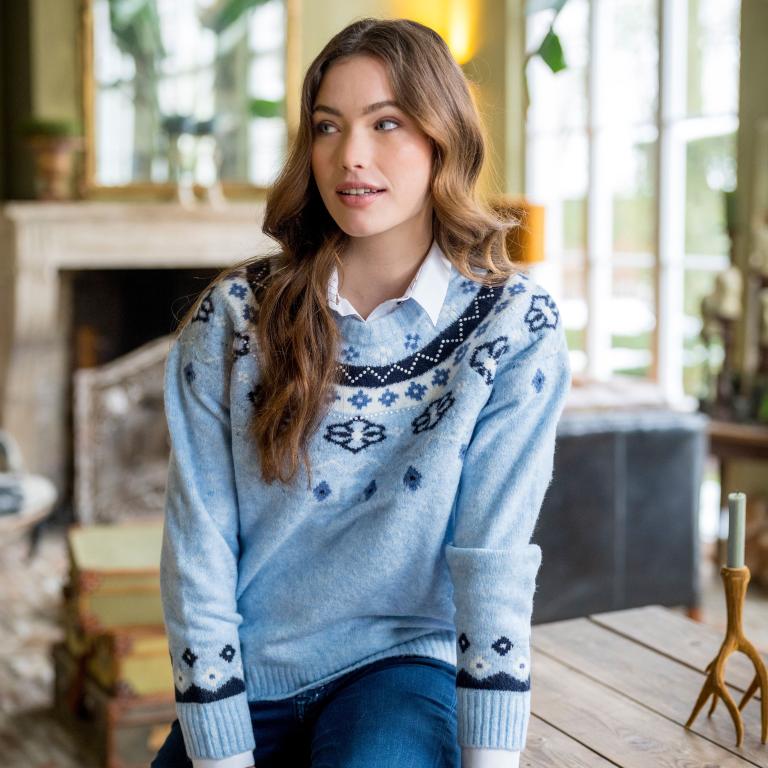 HV Society Nora light blue Nordic pattern knit jumper styled over a white shirt