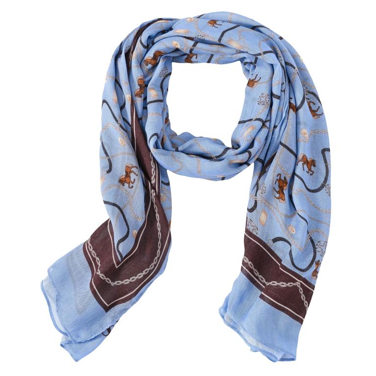 HV Society Daniella light blue and brown horse print scarf with equestrian chain detail