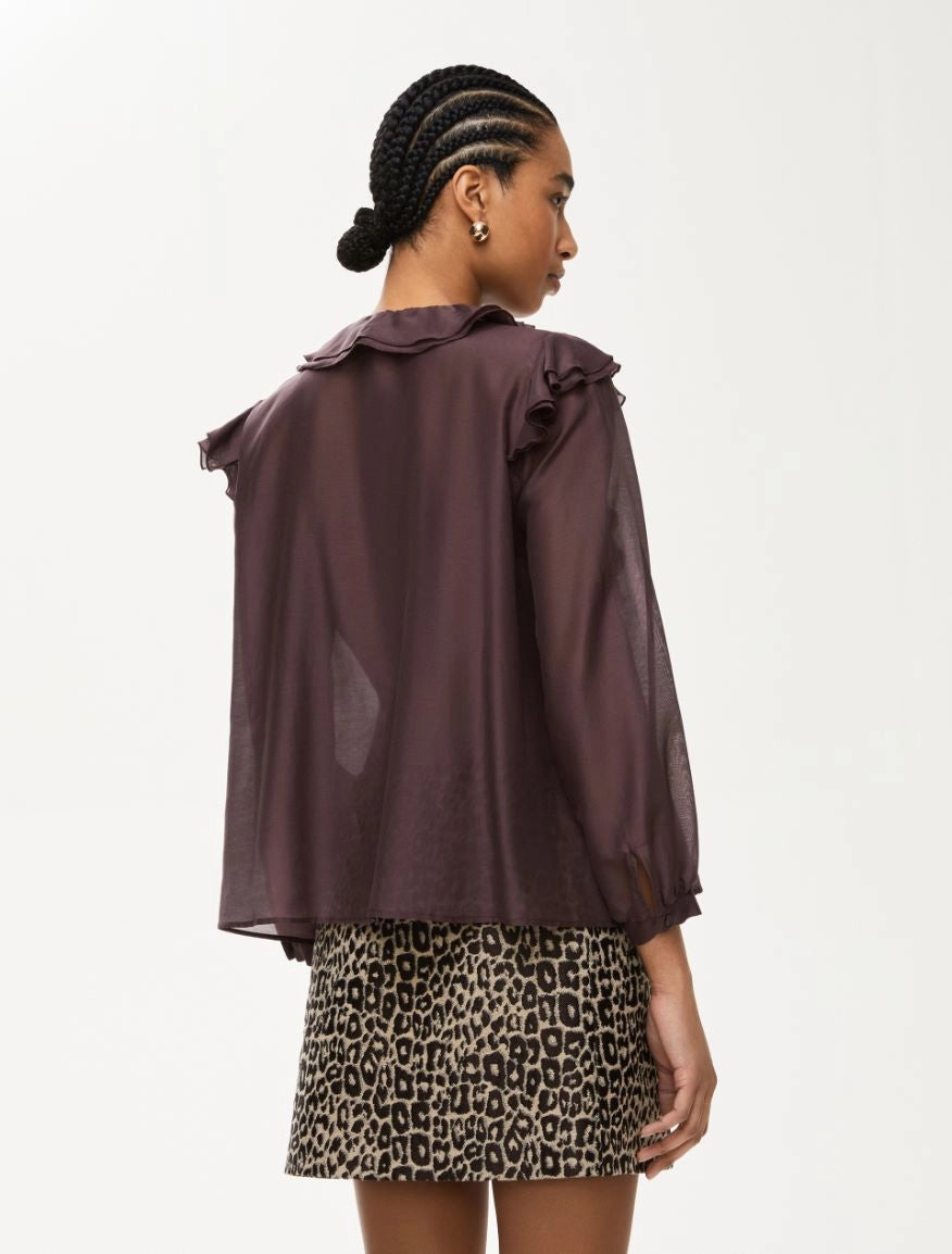 Back view of iblues burgundy frill blouse with long sleeves and relaxed fit