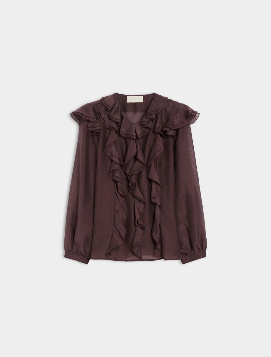 Flat lay of iblues burgundy frill blouse with sculptural silk blend texture