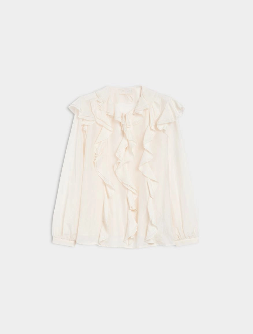 Flat lay of iblues ivory frill blouse with sculptural detailing
