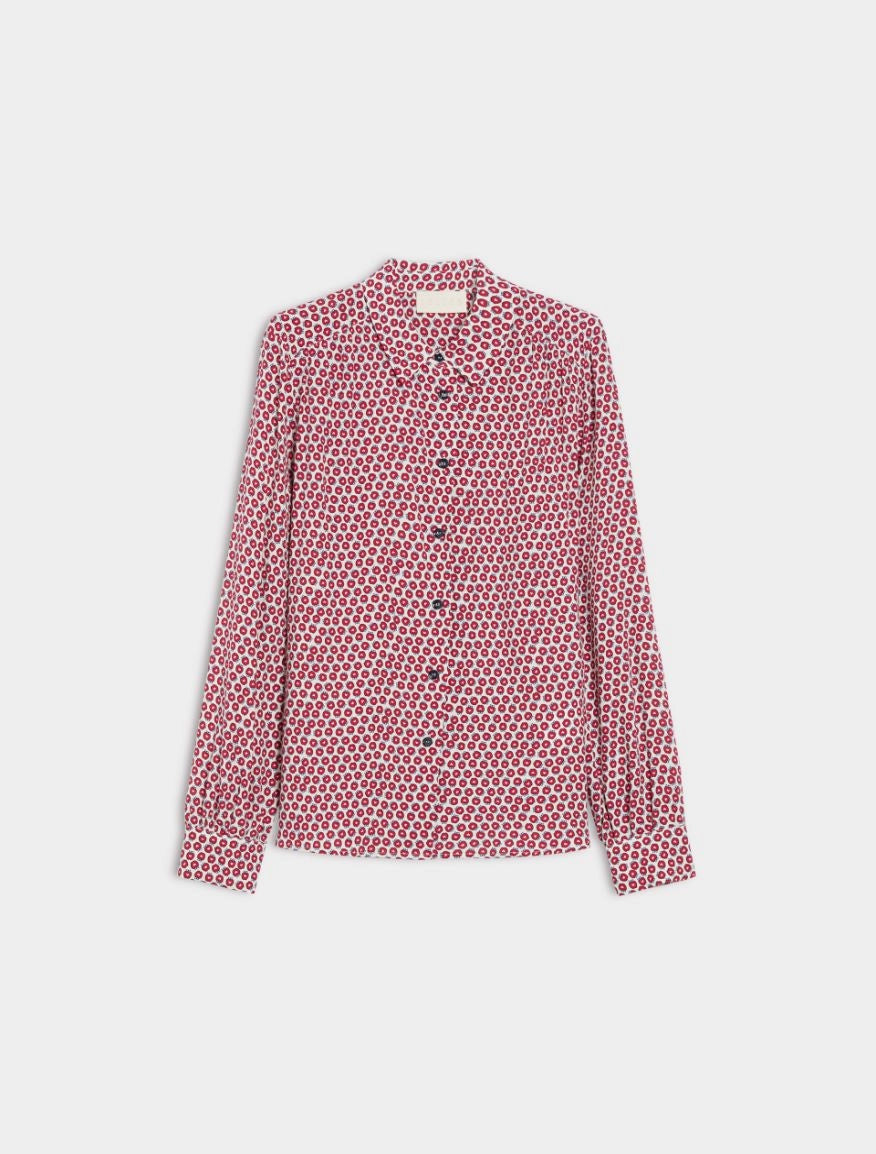 Back view of iBlues Ester apple print shirt with long sleeves