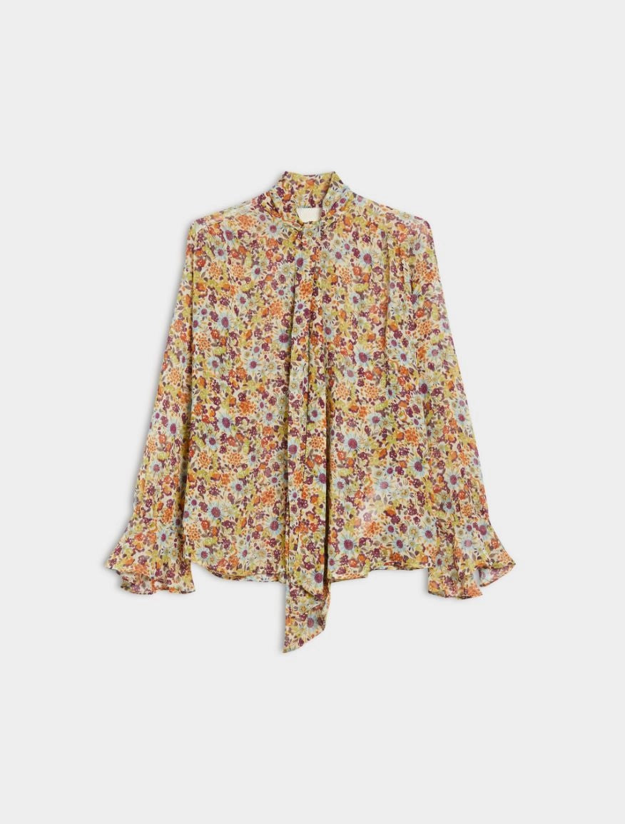 Flat lay of recycled crepe floral blouse in multicolour print