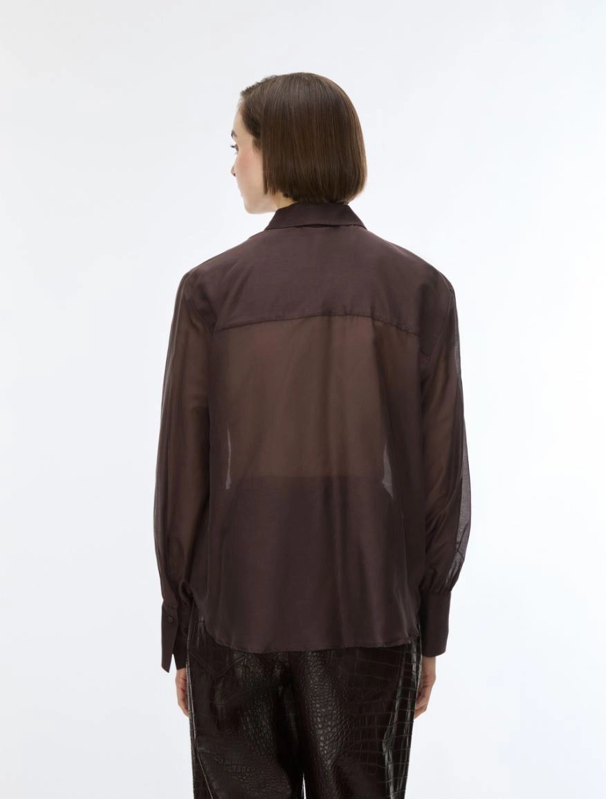 Back view of iBlues Iblasti chocolate brown silk blend blouse