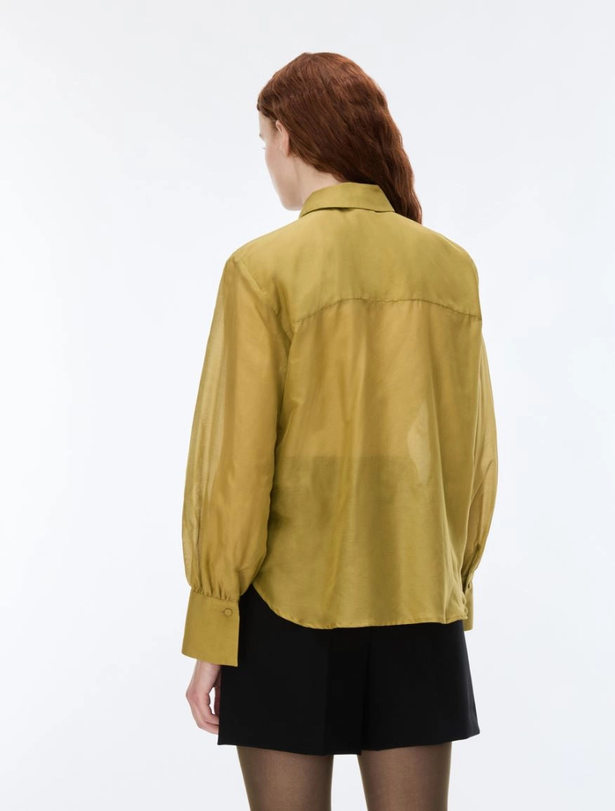 Back view of iBlues Iblasti olive sheer blouse with long sleeves