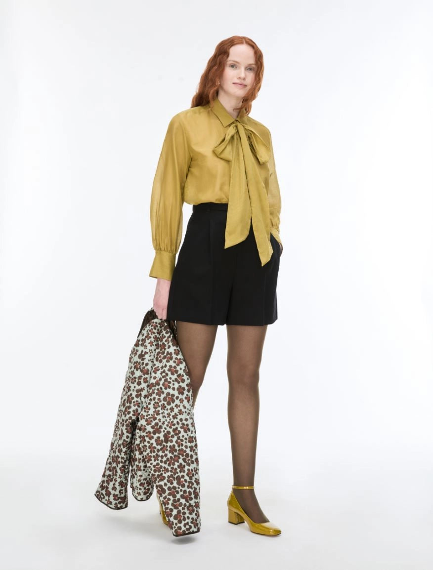   iBlues Iblasti olive silk blend blouse styled with black tailored shorts