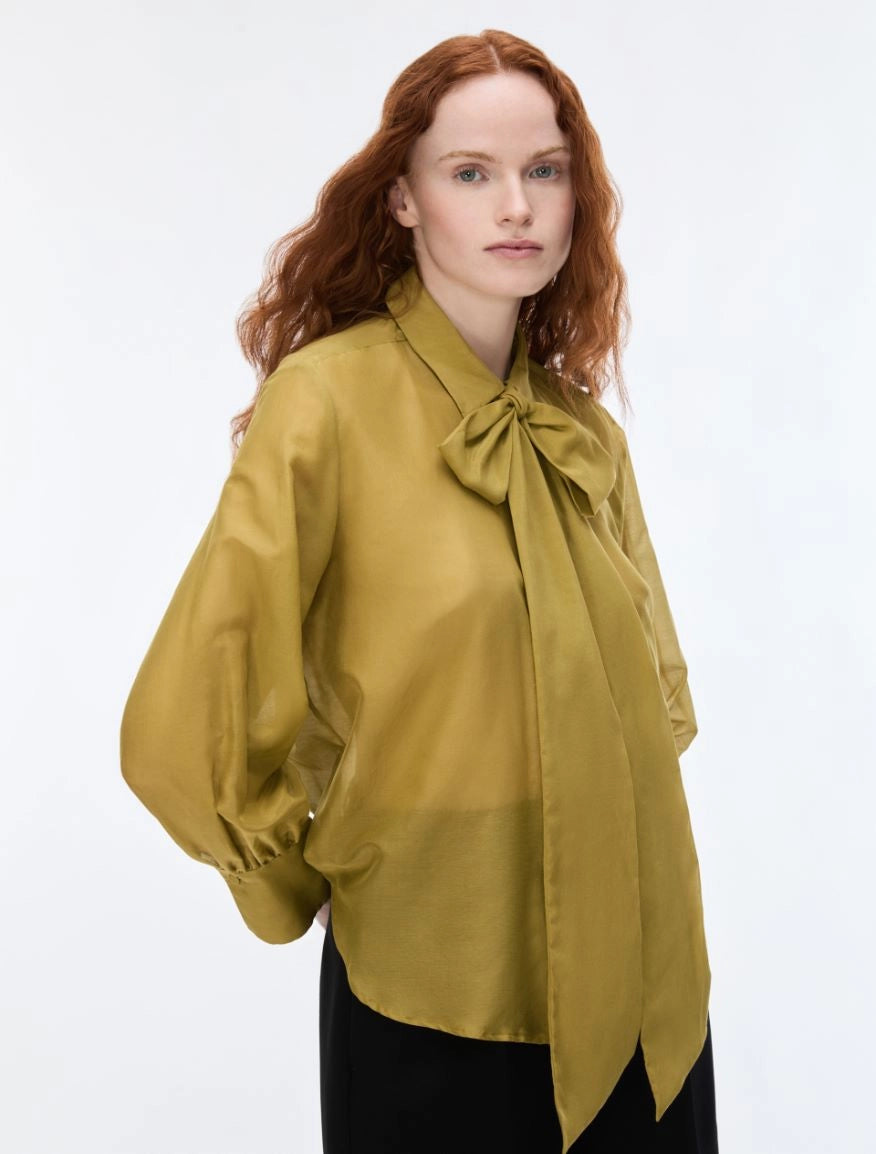 iBlues Iblasti olive green tie neck blouse front view