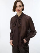     iBlues Iblasti chocolate brown silk blend tie neck blouse front view