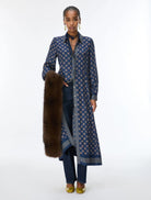 iBlues Ibleffetto navy geo print satin shirt dress styled open over trousers