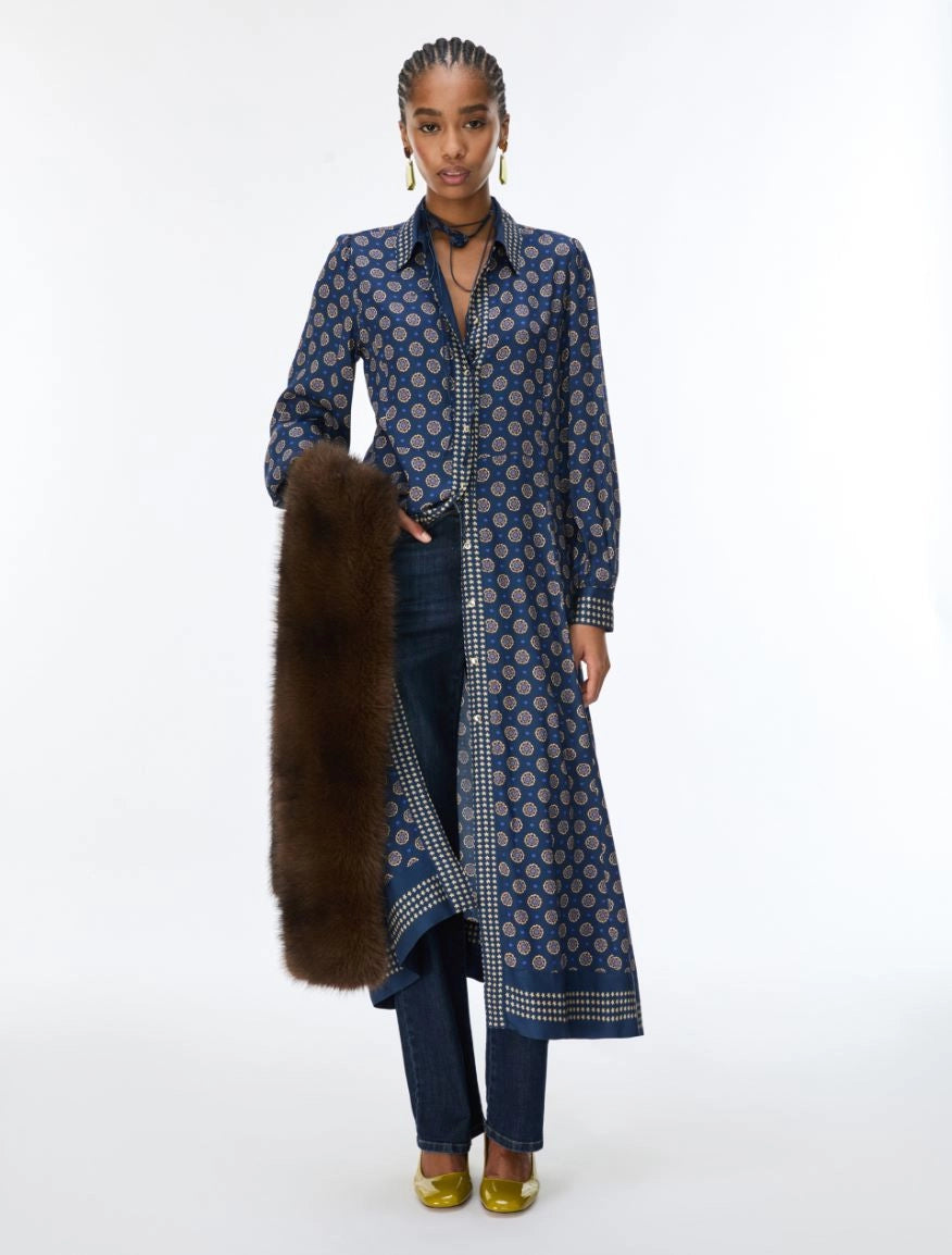 iBlues Ibleffetto navy geo print satin shirt dress styled open over trousers