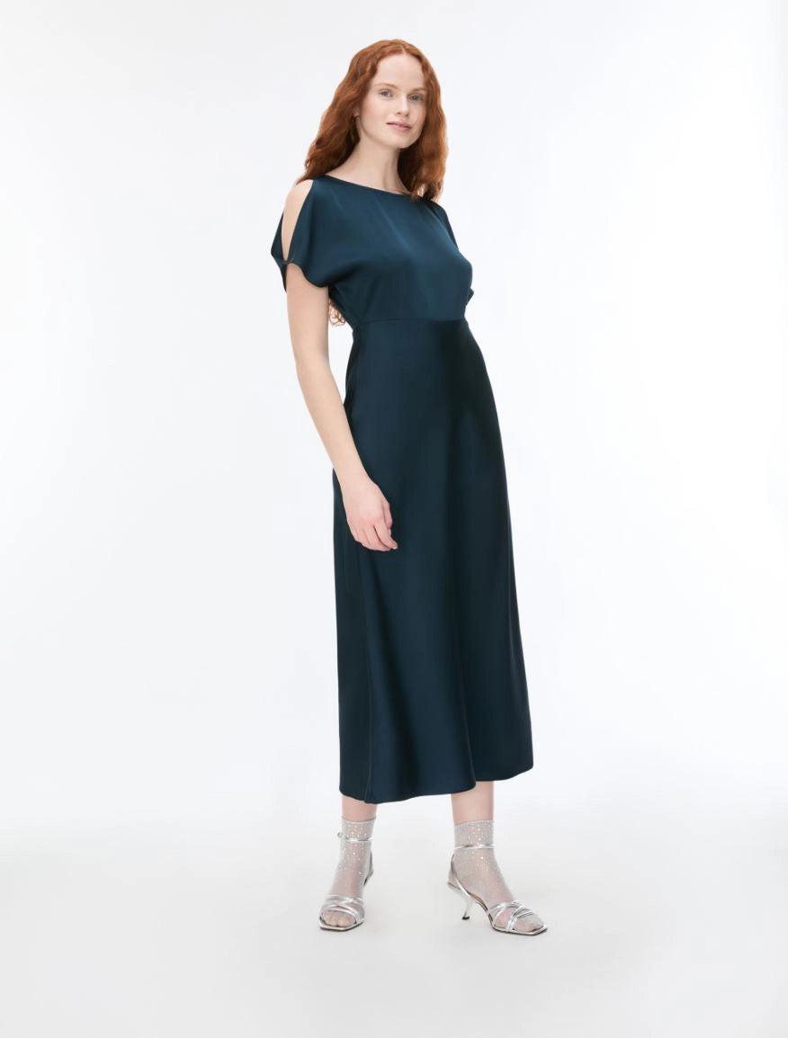 iBlues Iblfiesta dark teal satin midi dress shown from the front