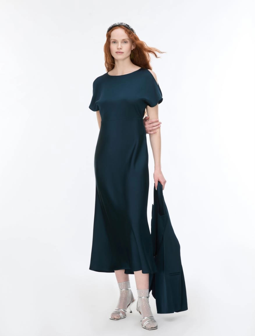 iBlues Iblfiesta dark teal satin split sleeve midi dress front view