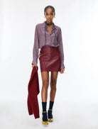 iBlues Iblodissea blue geometric print shirt styled with a burgundy leather skirt