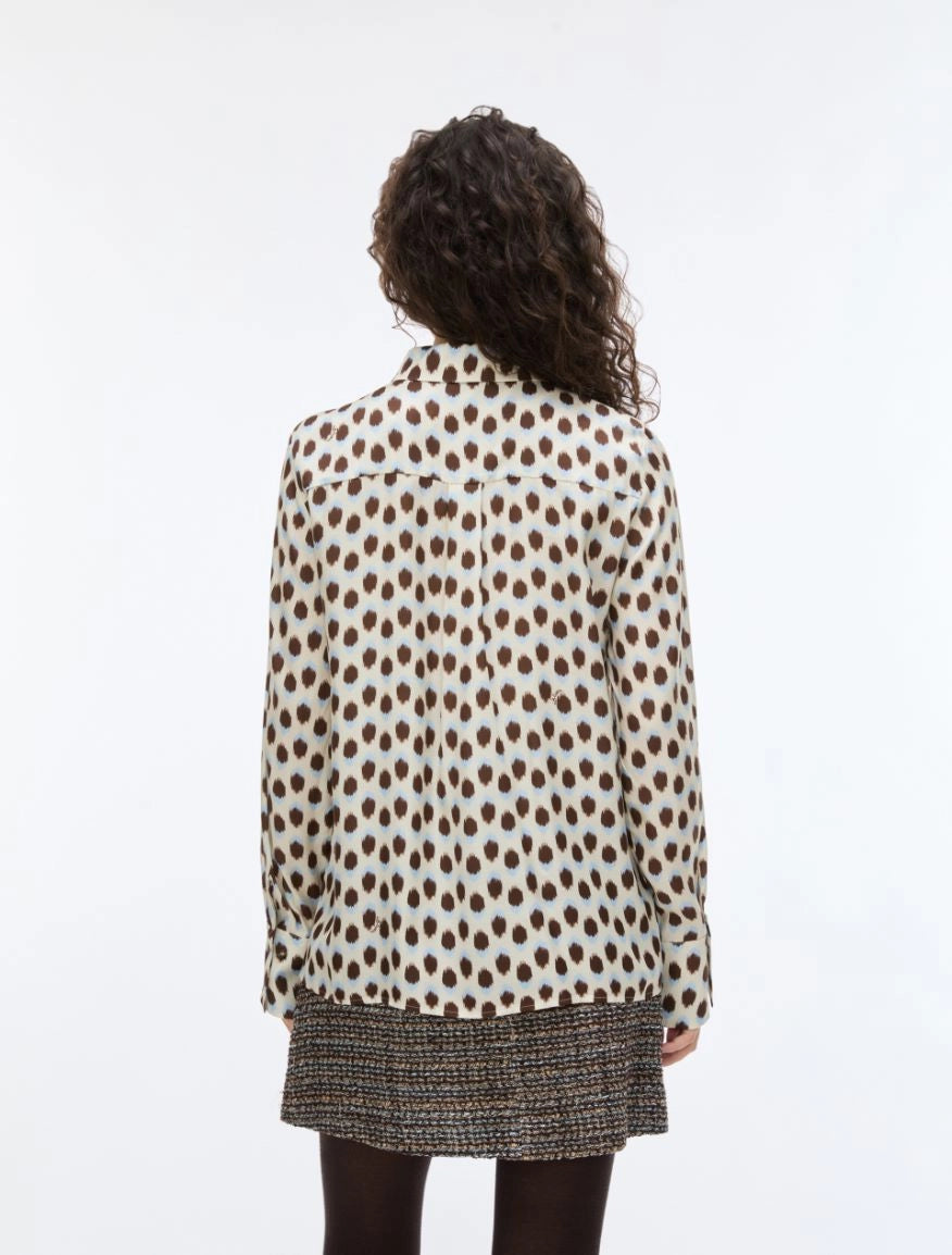 Back view of iBlues Iblodissea ivory and brown polka dot shirt