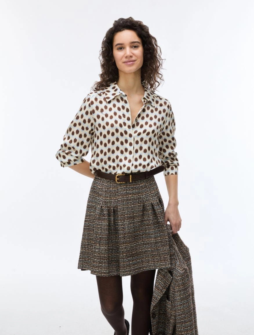 iBlues Iblodissea polka dot shirt styled with a brown checked mini skirt