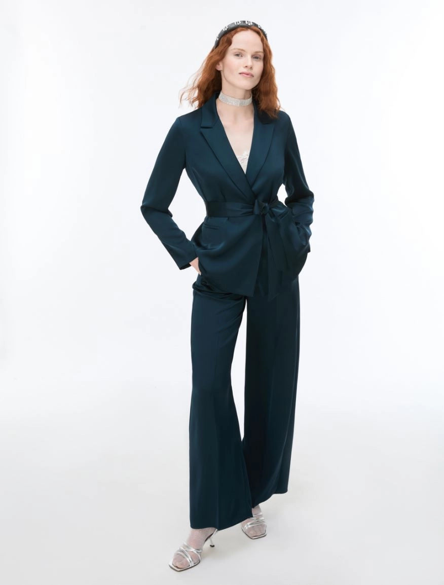 iBlues Iblpere dark teal satin straight leg trousers styled with matching blazer