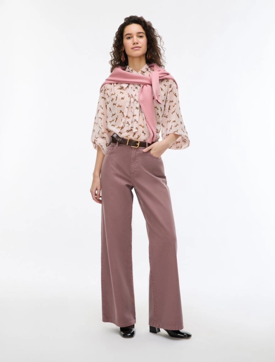     iBlues Iblsecolo pink animal print bow blouse styled with wide-leg trousers