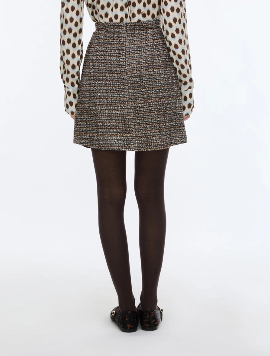 Back view of iBlues Iblundici brown check tweed mini skirt