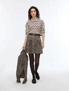 iBlues Iblundici tweed mini skirt styled with a printed shirt and tights