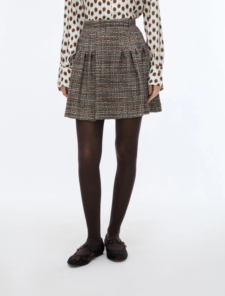 iBlues Iblundici brown check fitted A-line mini skirt full front view
