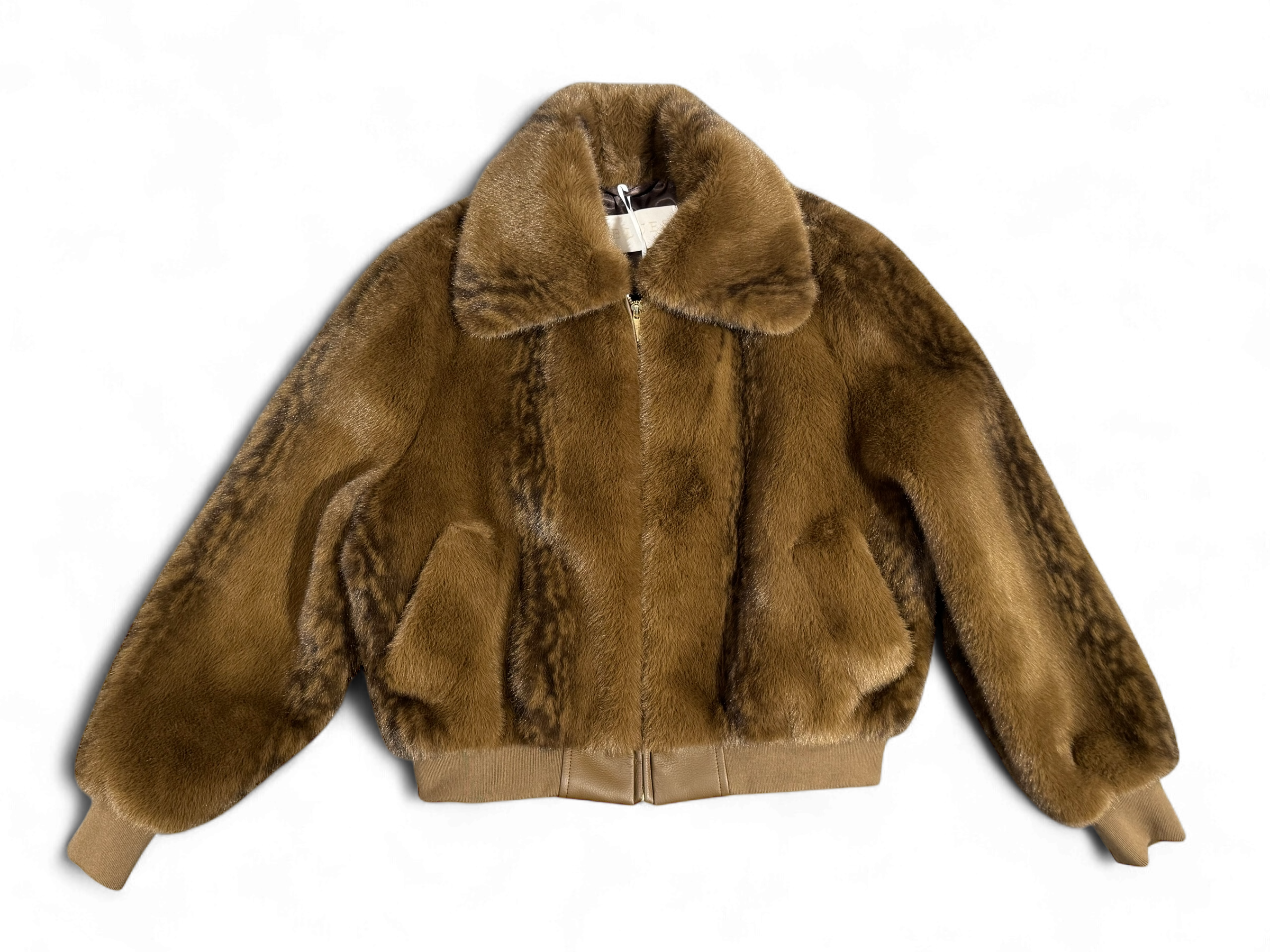 Women’s Tan faux fur bomber jacket with collar and zip front – Iblues Kartal