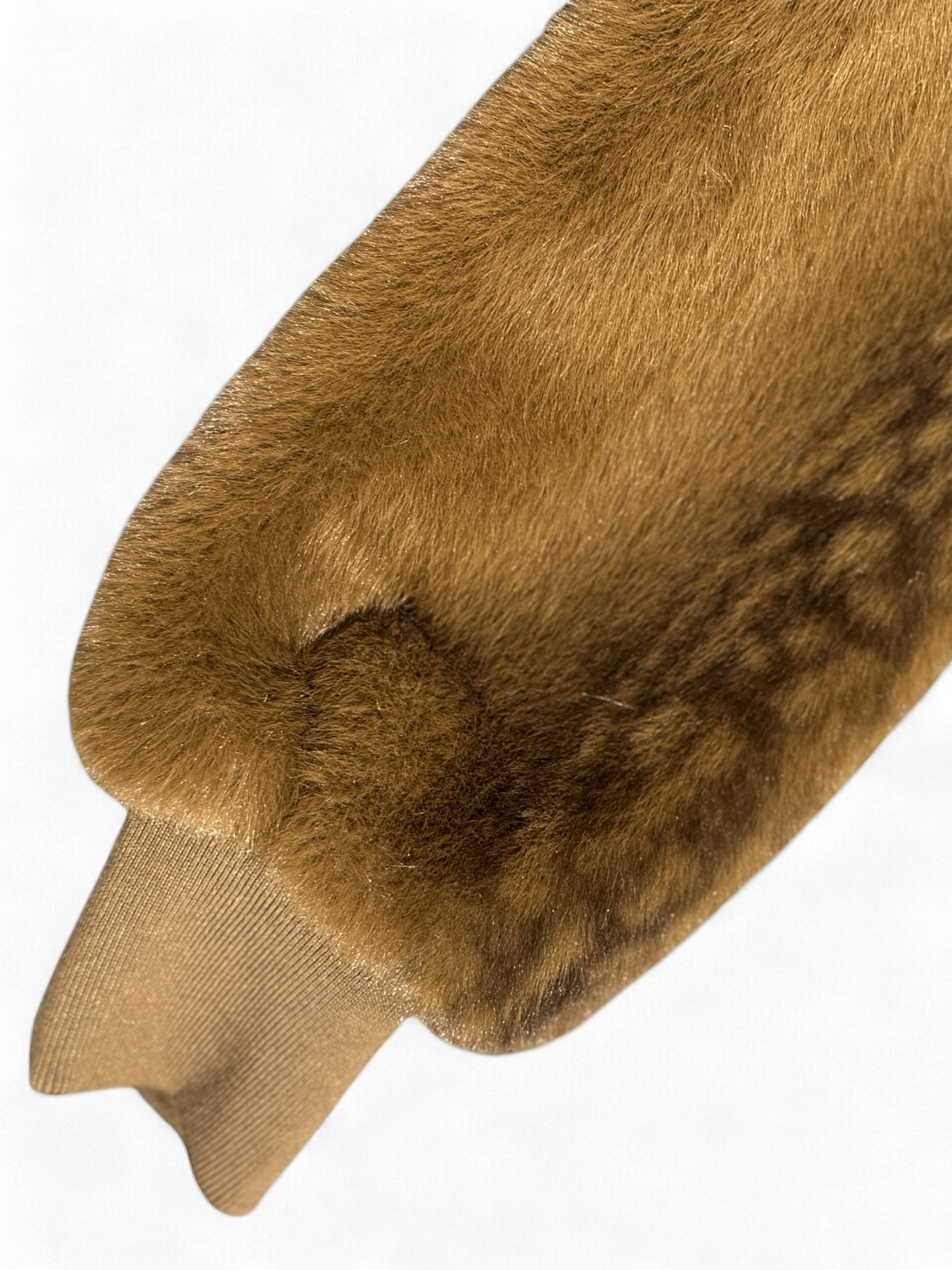 Detail of ribbed cuff on tan faux fur Iblues bomber jacket