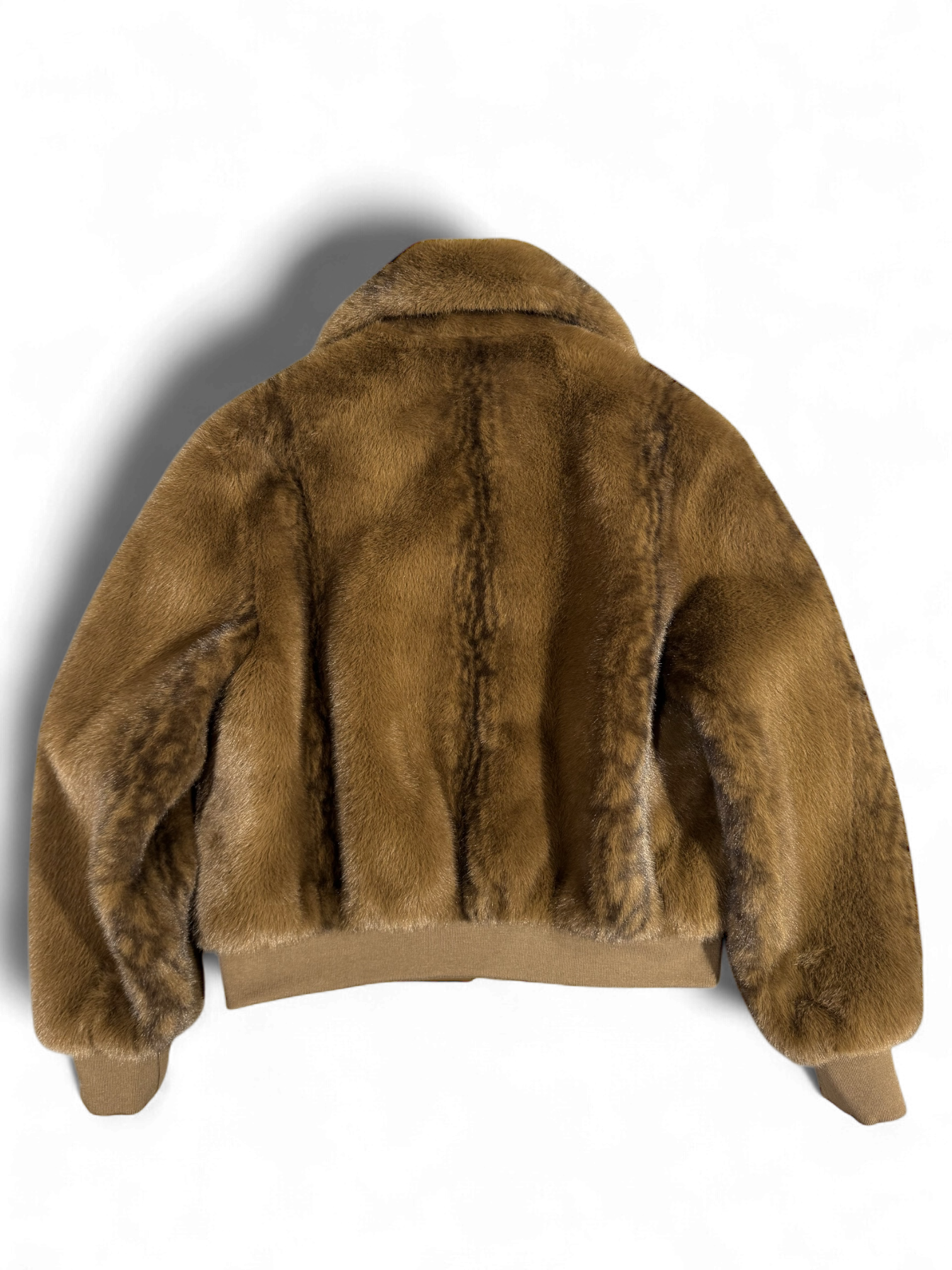 Back view of Iblues Kartal tan faux fur bomber jacket on white background