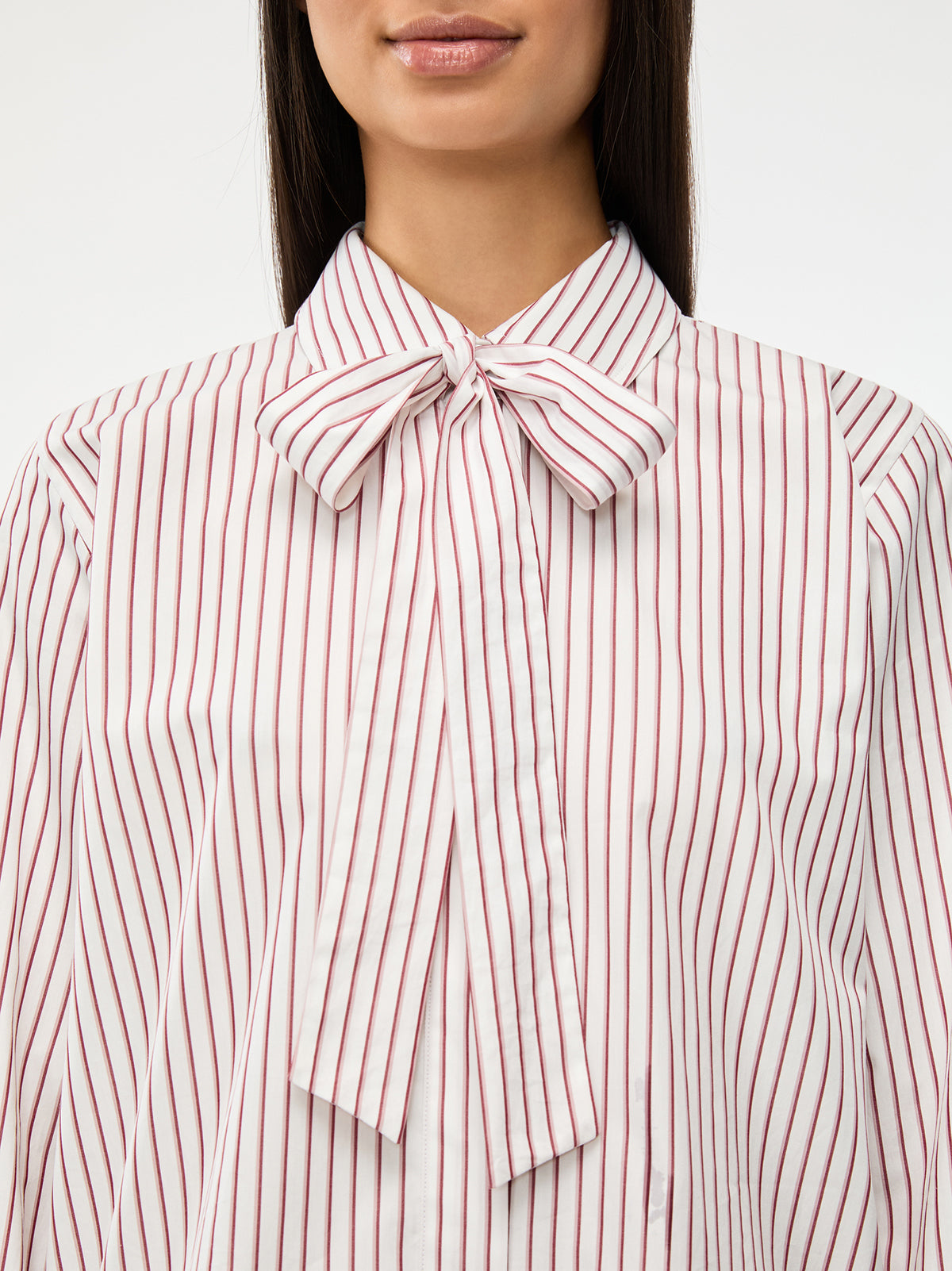 iBlues ivory and burgundy pinstripe blouse bow neckline detail