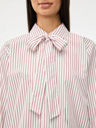 iBlues ivory and burgundy pinstripe blouse bow neckline detail