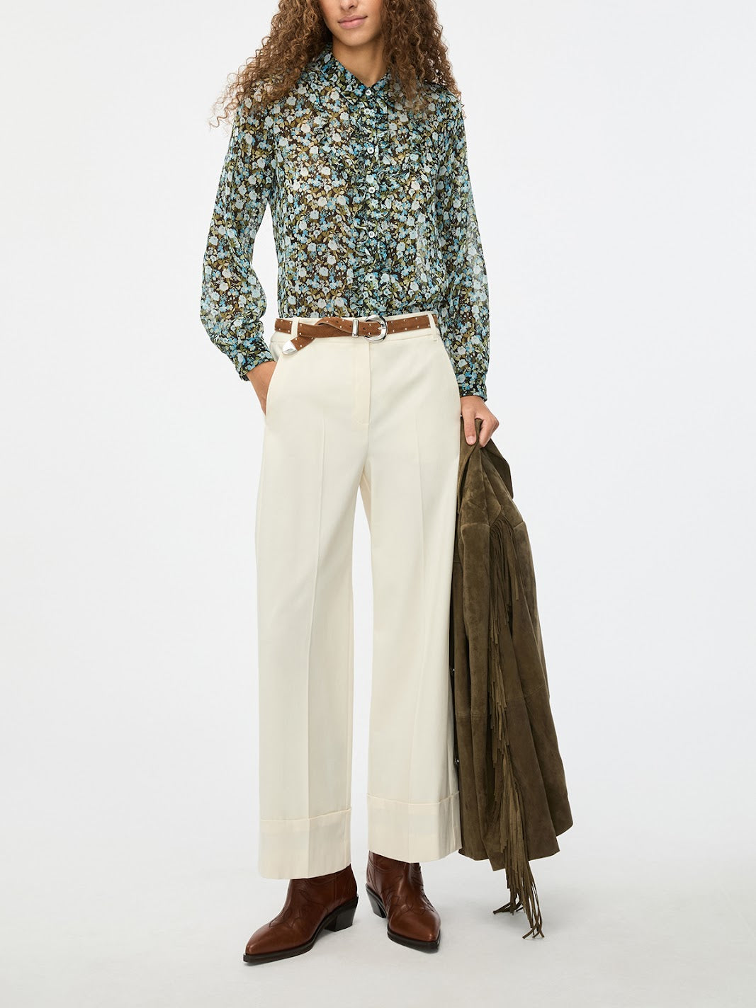 iBlues Scacco cream wide leg pleat front trousers full length view