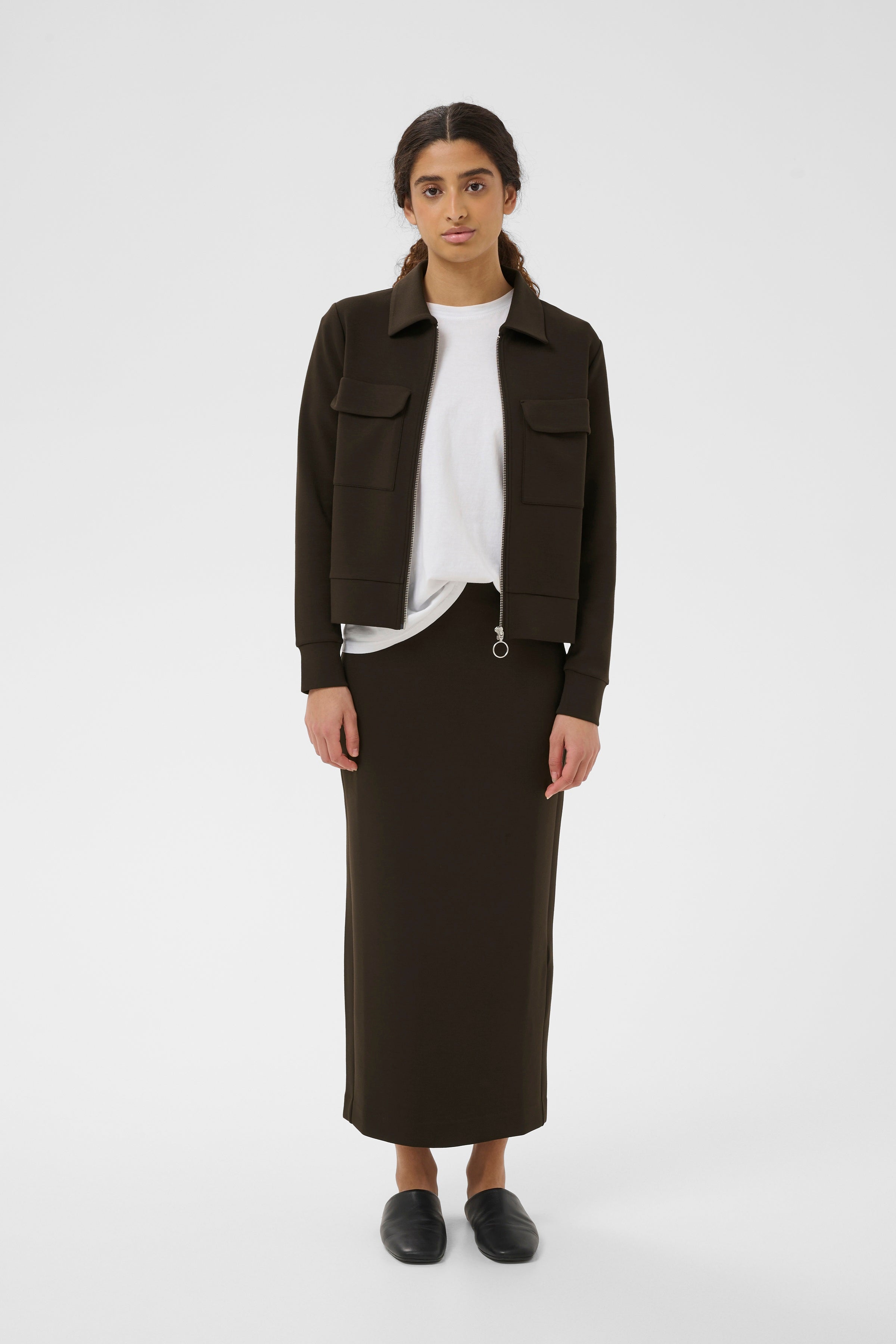 InWear Beca jacket styled with matching brown skirt