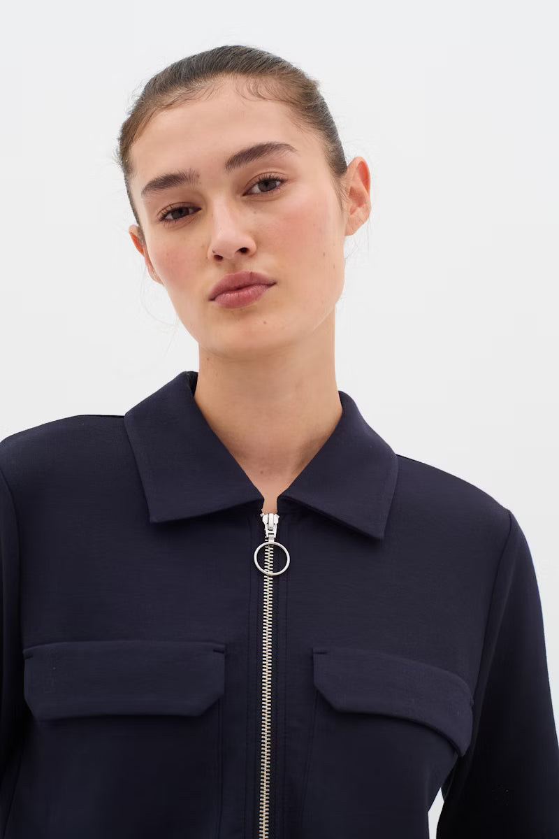 InWear BecaI navy sweat jacket close up of collar and front zip 