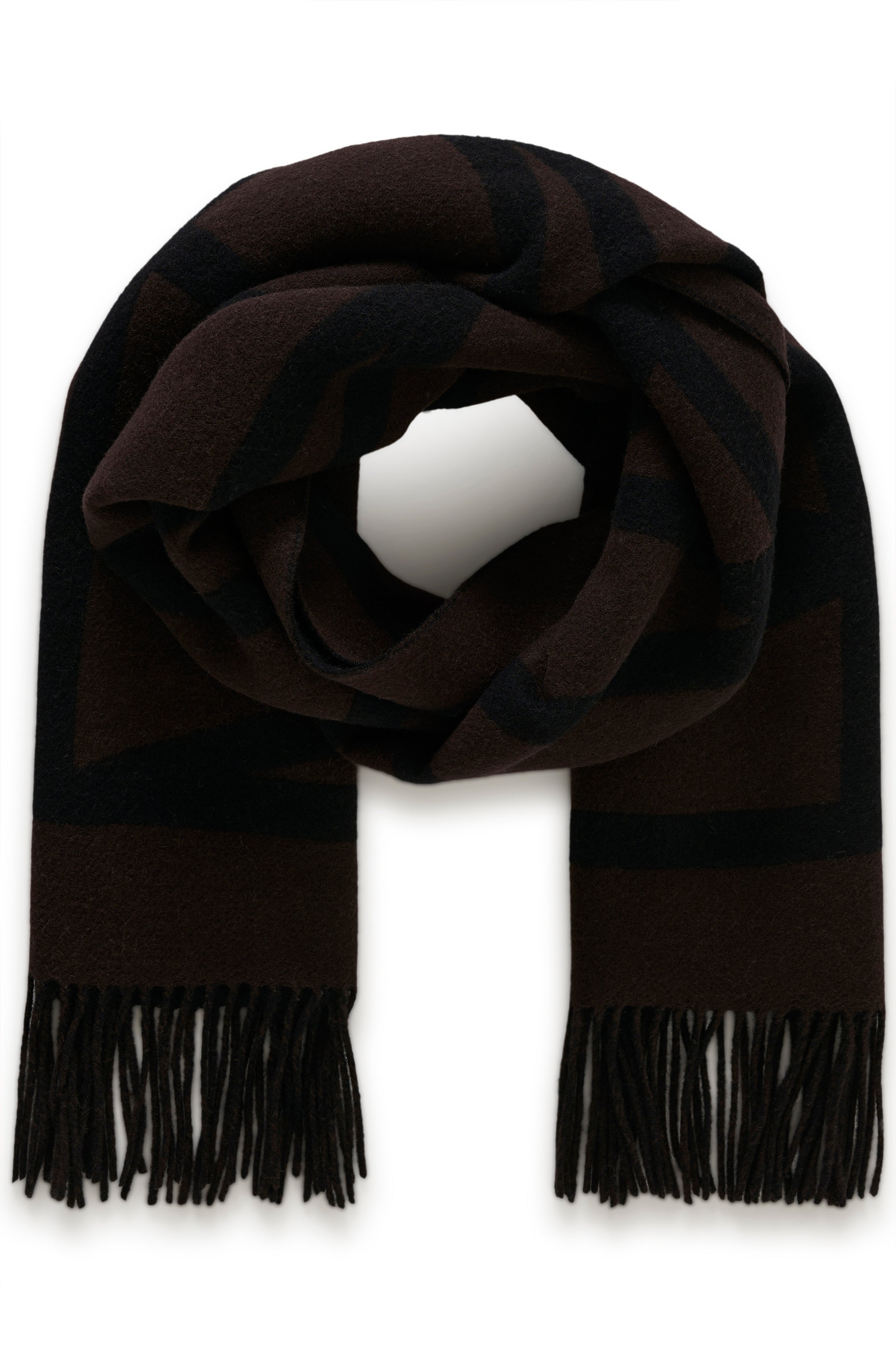 InWear logo wool fringed scarf in chocolate brown and black