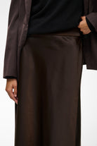 Close view of InWear Zilky chocolate satin midi skirt