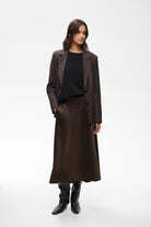 InWear Zilky chocolate brown satin A-line midi skirt front view