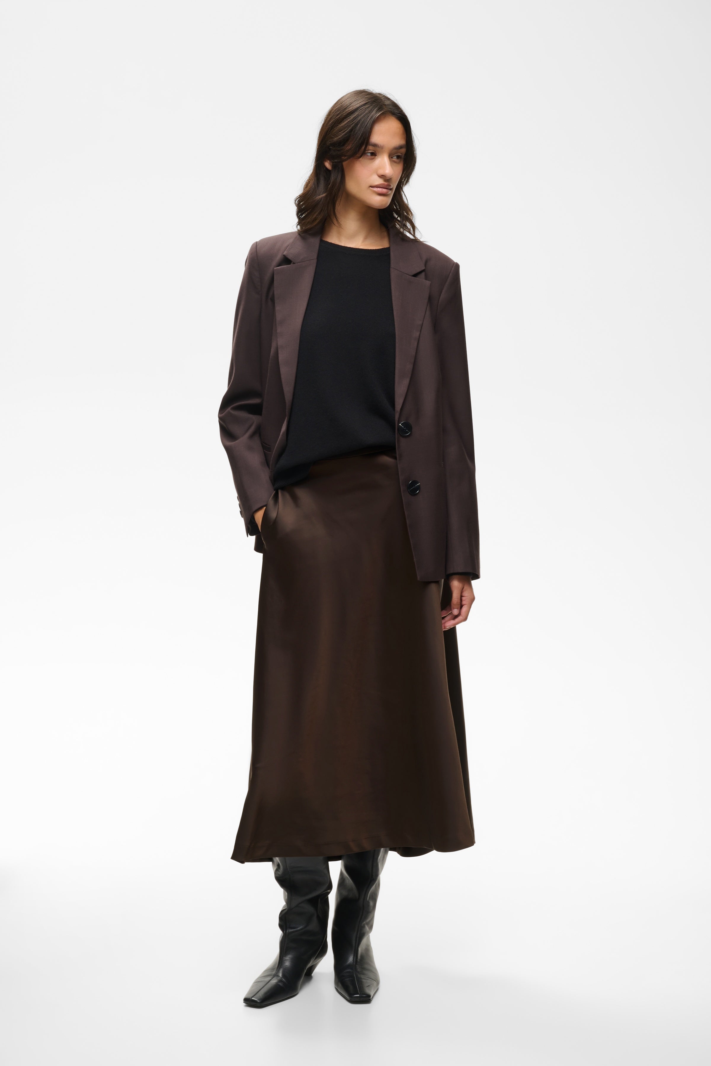 InWear Zilky chocolate brown satin A-line midi skirt front view