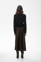Back view of InWear Zilky chocolate brown satin skirt