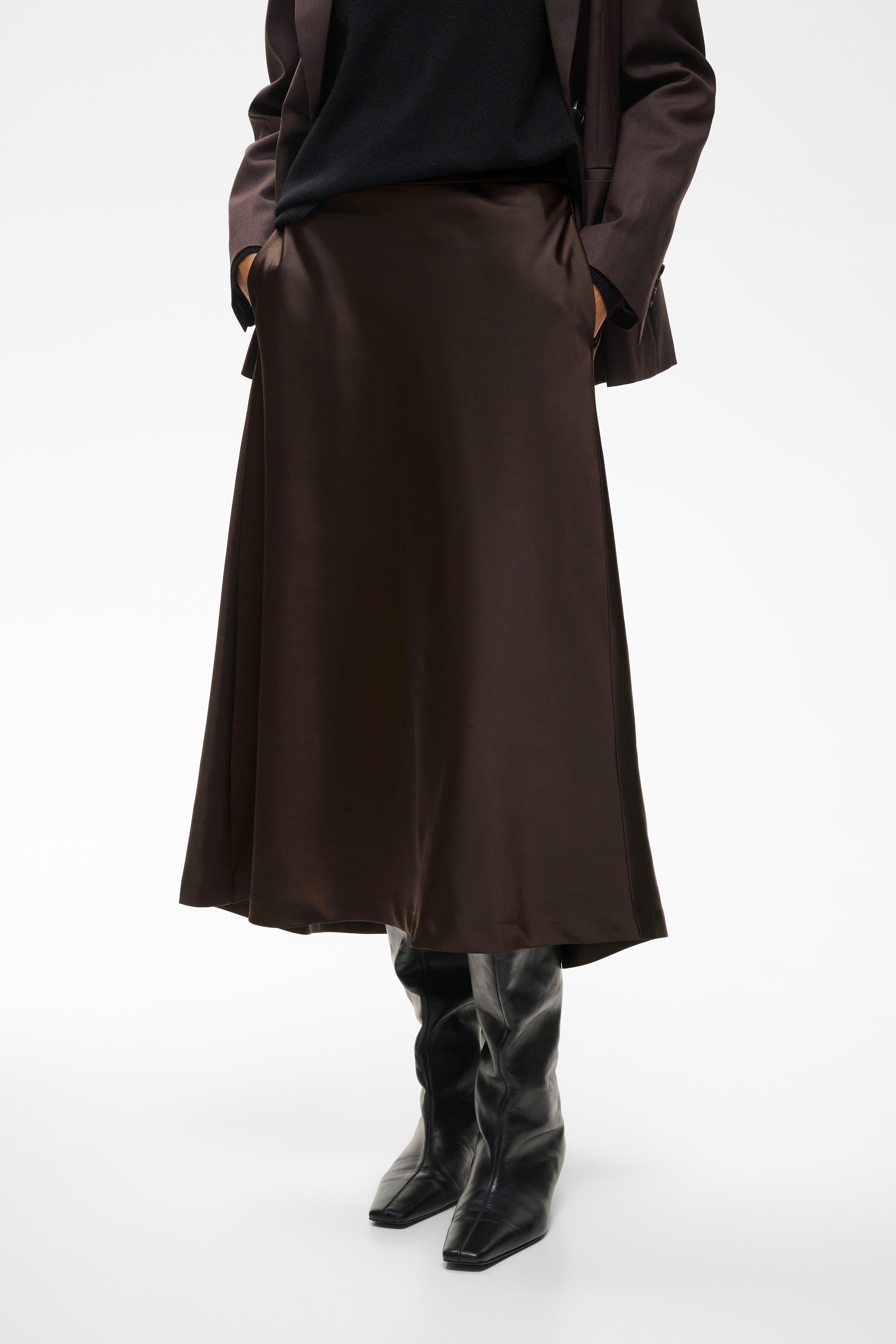 InWear Zilky brown satin midi skirt styled with blazer and boots