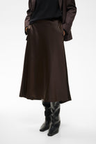 InWear Zilky brown satin midi skirt styled with blazer and boots