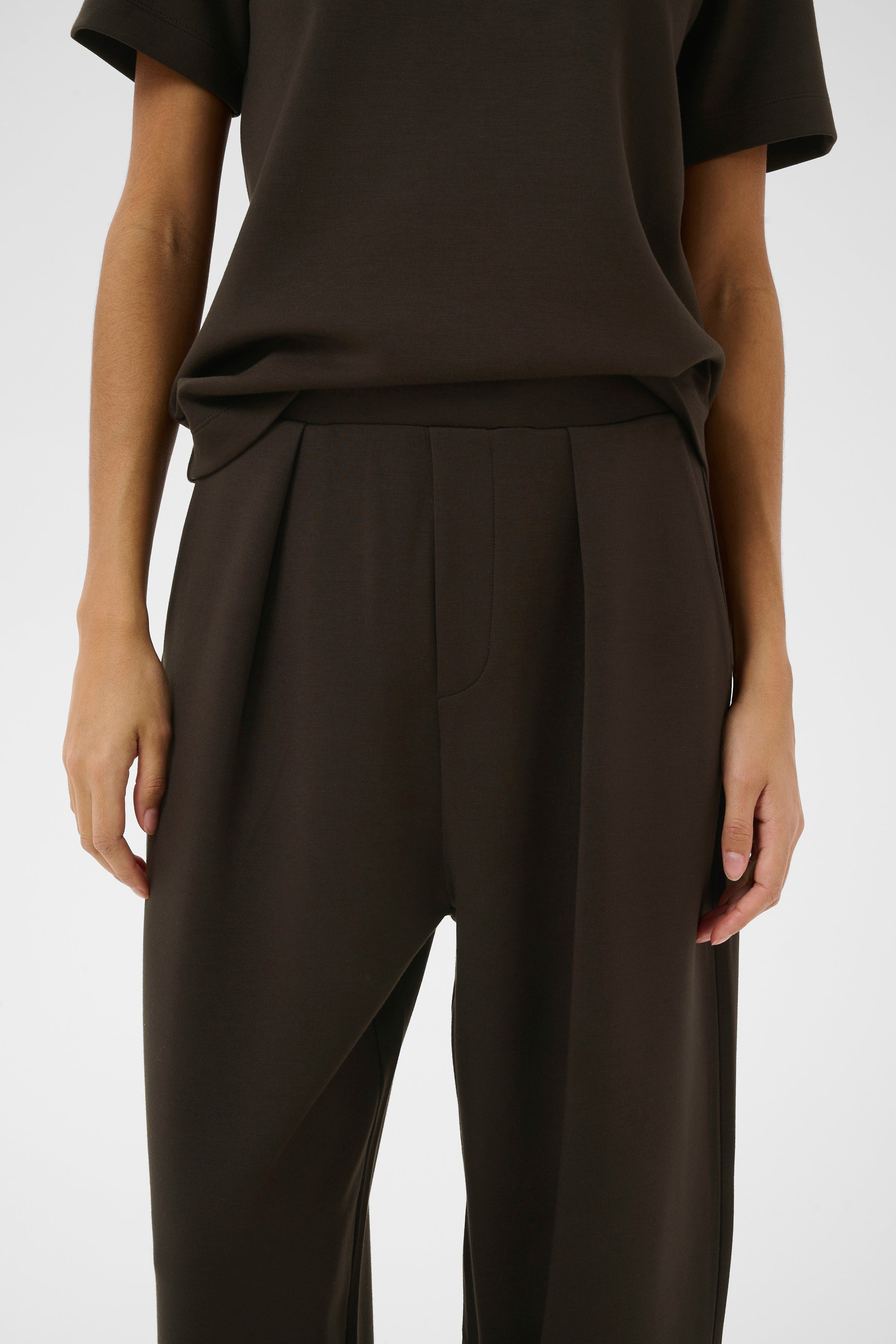 Close-up of InWear Pannie chocolate brown pleated front trousers