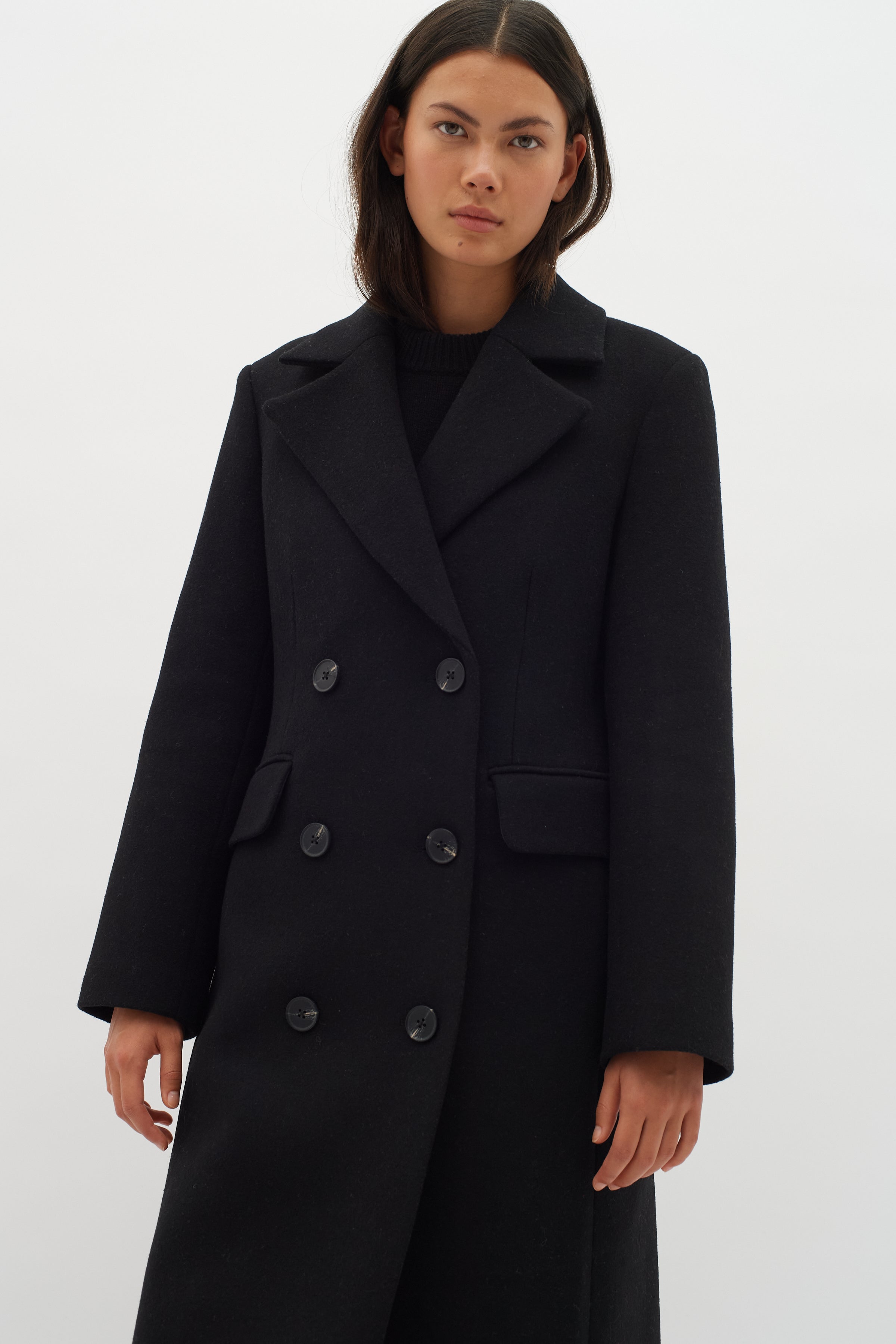 Black double breasted wool coat womens online