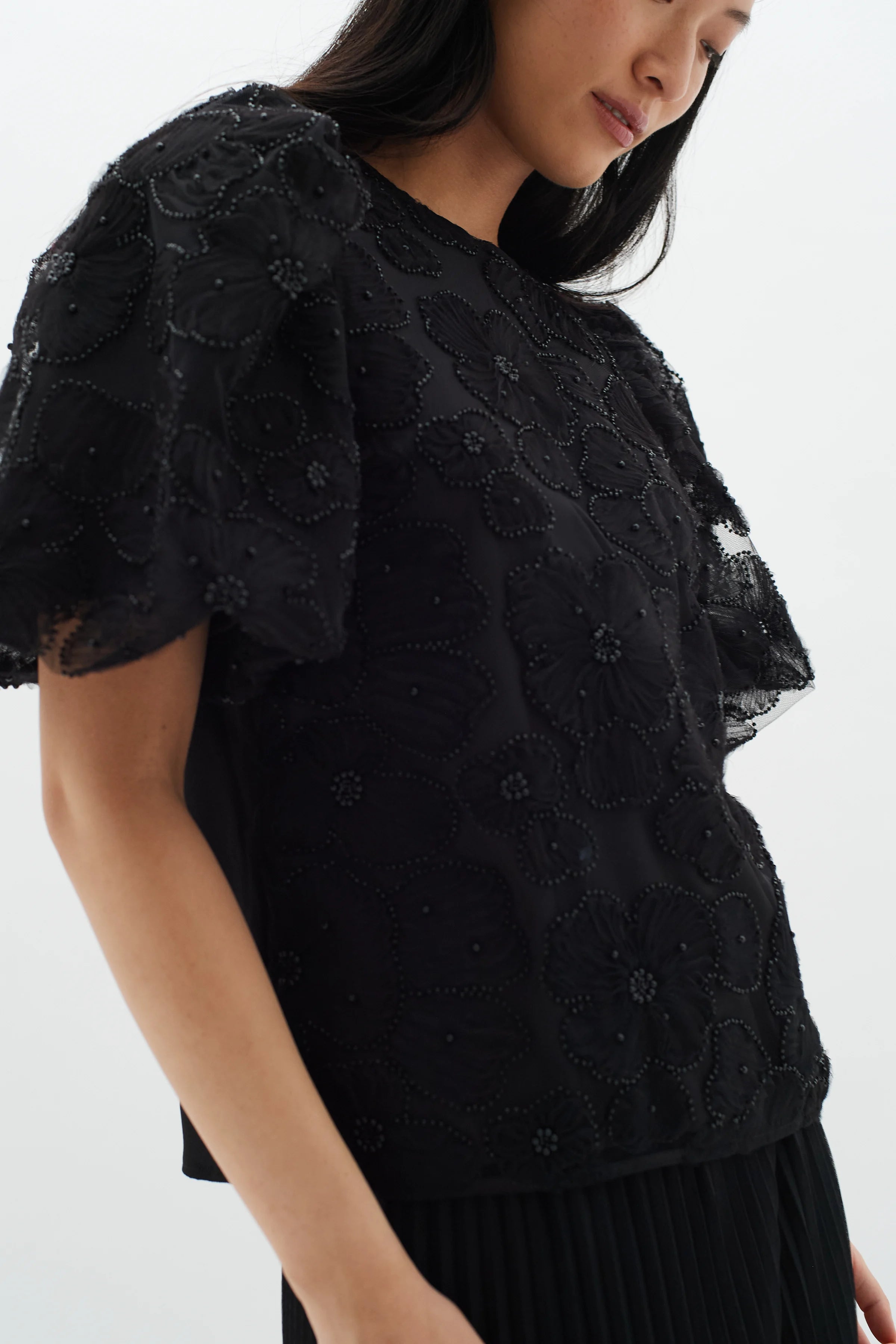 Inwear Duxil Short Sleeve Beaded Black Lace Top