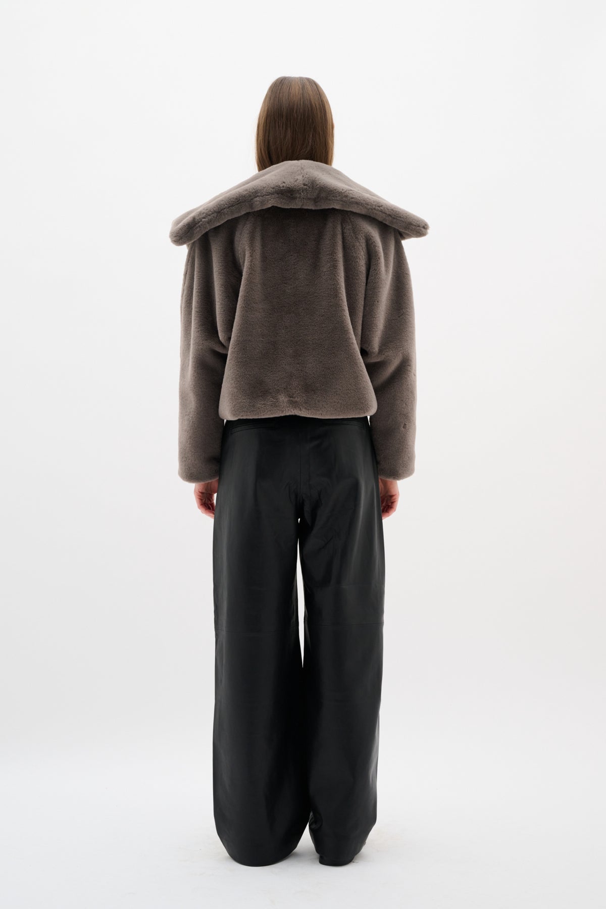 Model wearing InWear Yobol faux fur wide collar jacket back view
