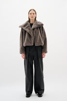 Model wearing InWear Yobol grey faux fur wide collar jacket front view