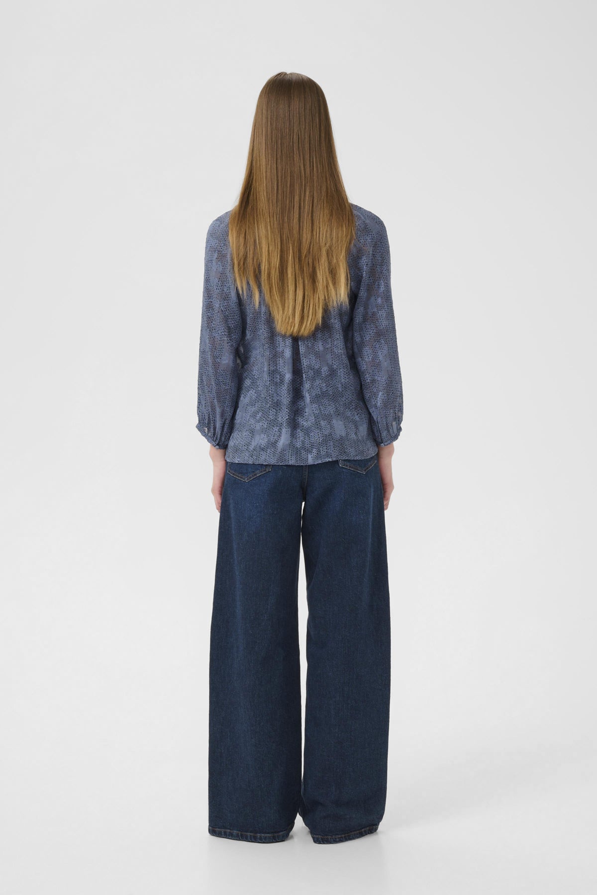 Inwear AddisonIW Blue Dot Print Blouse, back view showing straight hem and sleeve detail.