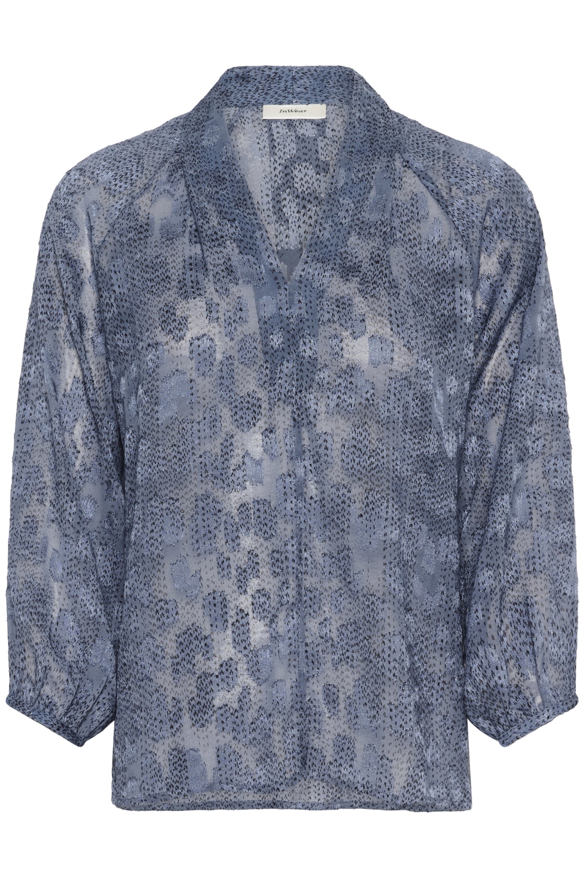 Inwear AddisonIW Blue Dot Print Blouse flat-lay front view, blue dot print and V-neck visible.