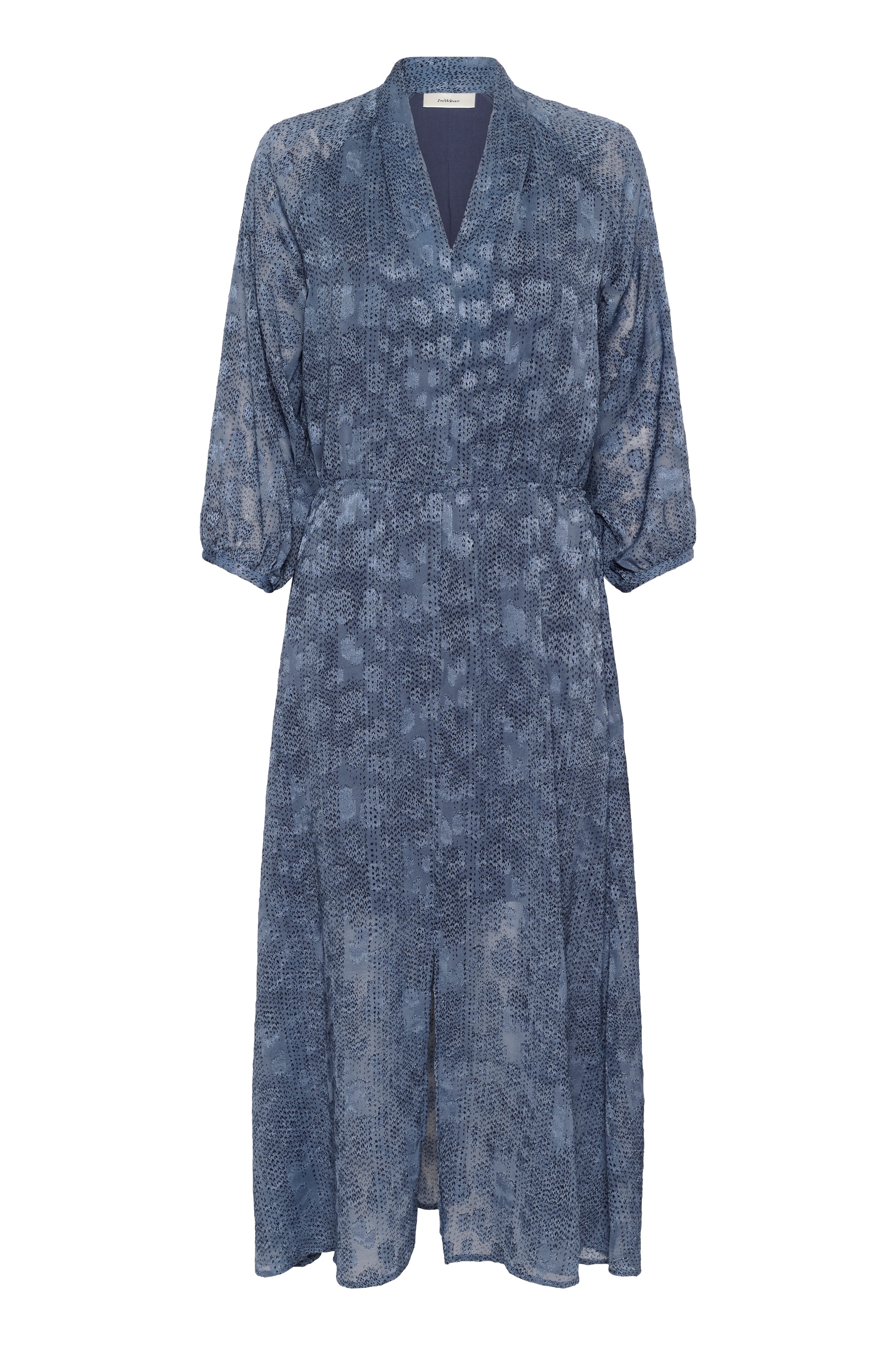 Oui Indigo Spot Print V-Neck Maxi day Dress flat front view