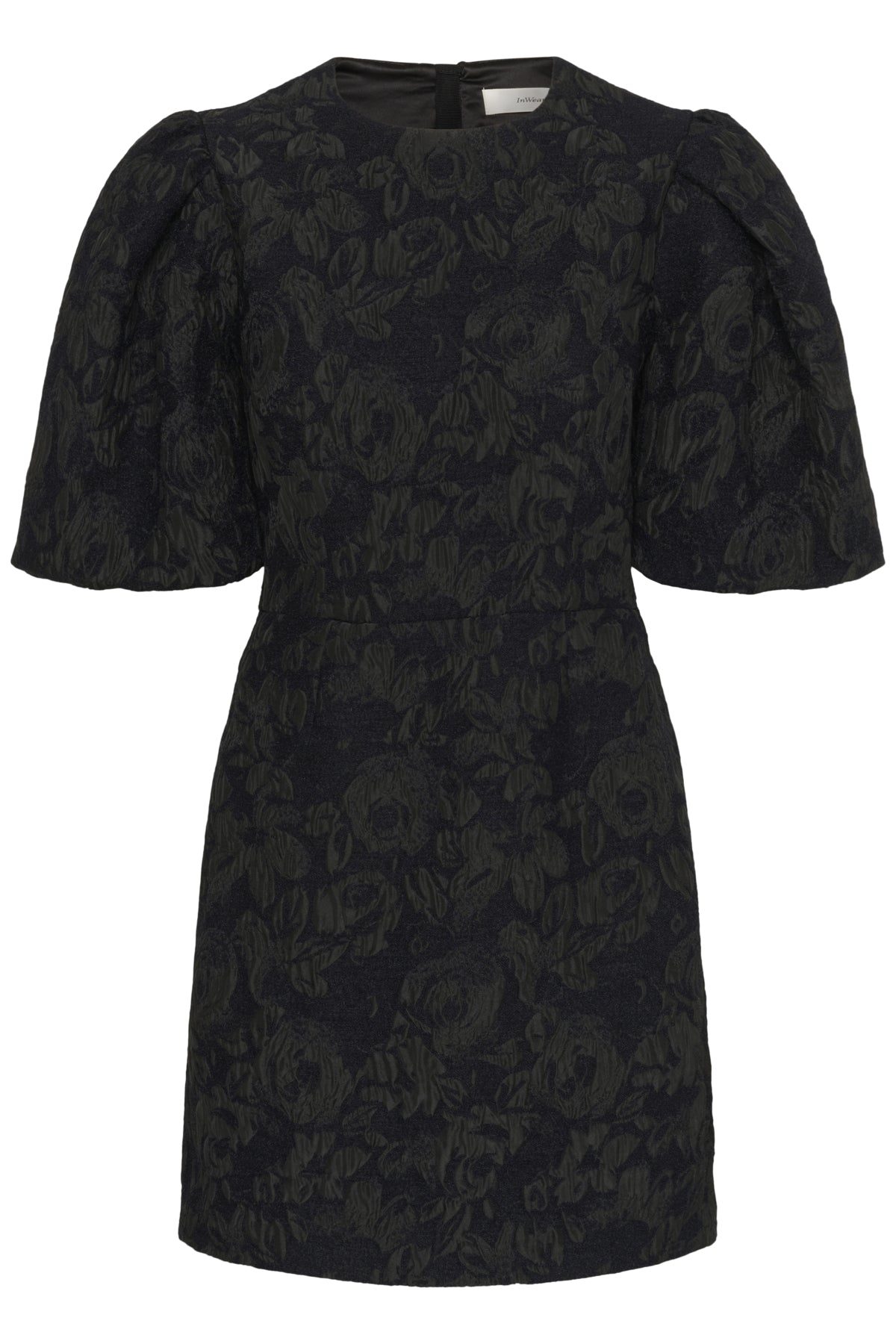 Flat lay front view of InWear Brill black brocade mini dress showing puff sleeve shape