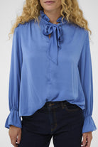 InWear Gracie Blue Bow Blouse close-up of ruffled neck and bow detail