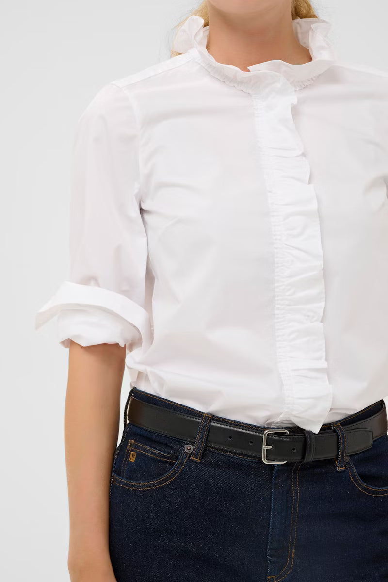 Front close-up of InWear Capella white blouse with frill collar detail
